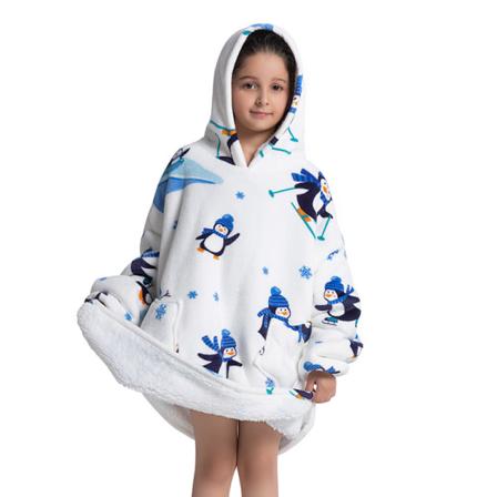 Mub- 2023 sammensatte vinterklæder fortykkede gå ud pyjamas doven tv-tæppe børneflanel lammeuld hjem hoodie tæppe Penguins - children