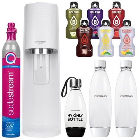 Saturator för kolsyrat vatten - SodaStream - Terra Vit - 3 flaskor - CO2 Quick Connect - 6 smaker utan socker