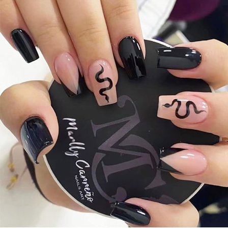 24 st Press-on-naglar (Svarta Franska Blommor) Medium, Lösnaglar Mandelformade Lim-på-naglar, Falska Naglar med Lim, Akrylnaglar för Kvinnor och 