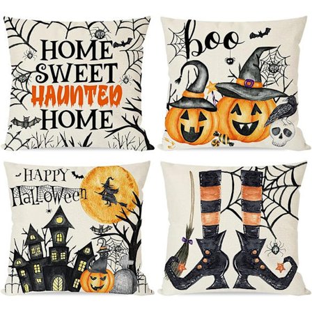 2025 Siste Modell Happy Halloween Putetrekk 18x18 Sett med 4 for Høstdekorasjoner, Akvarell Spøkelseshus Heksehatt Ben, Skummel Oran