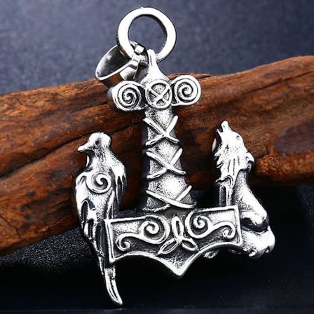 Pendant - Nordic Mythology - Thor's hammer with wolf and raven