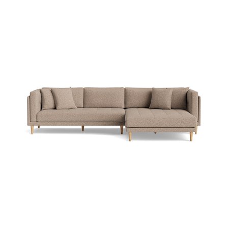 Cali Chaiselong Sofa, Højrevendt - Puente Greige - 295x170x76cm - Bred Dobbel Chaiselong Sofa med Bøgetræsben & 4 Pyntepuder - Minimalistisk Design