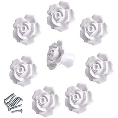8 stk elegante hvite roseformede keramiske skapknapper