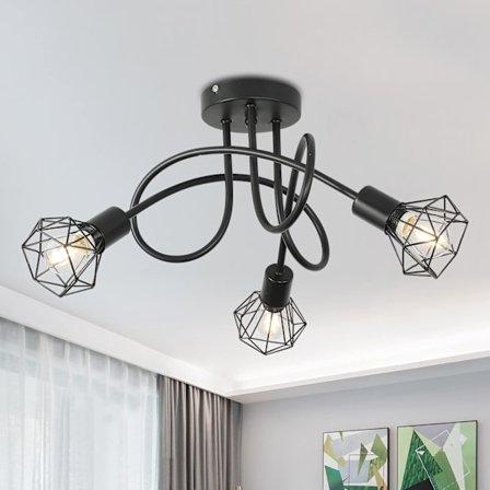 Industriell 3-veis taklampe lysekrone semi-flush mount E14 sokkel svart metall bur 3 lys taklampe (pærer ikke inkludert)