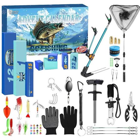 Fiskejulekalender til mænd 2025, 24-dages fiskeudstyr og agnsæt til voksne og teenagere, fiskenet, krogfjerner-FF-