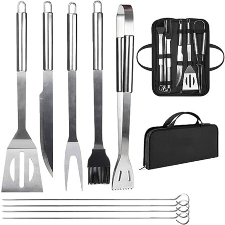 (9 stk.) Professionelt grillredskabssæt i rustfrit stål med praktisk bæretaske