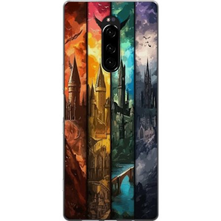 Kompatibel Mobilcover til Sony Sony Xperia 1 Fire magiske slotte i forskellige elementfarver, episk fantasykunst med ild vand luft og mørke i detalje