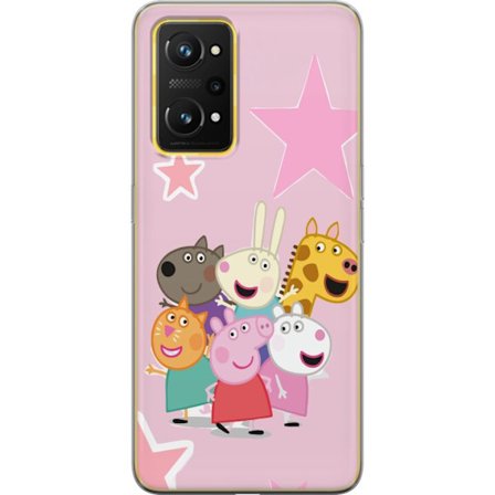 Yhteensopiva Puhelinkuori Realme GT Neo 3T Peppa Possu ja ystävät kerääntyneinä tähtien kanssa vaaleanpunaisella taustalla, värikäs lasten kuv