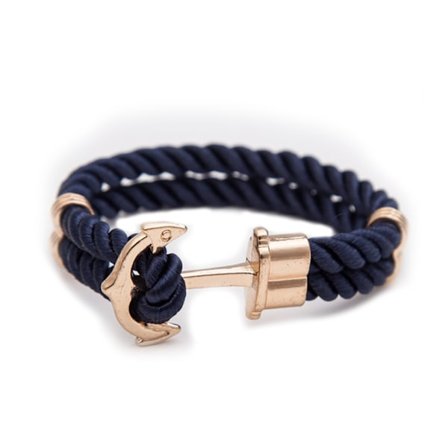 Handgjort Läderarmband Mörkblått Rep Ankare i Guld
