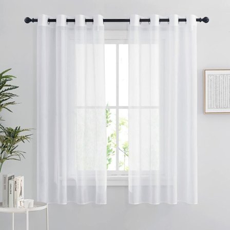 Hvite, transparente gardiner, sett med 2 korte gardiner 132 x 160 cm, hjemmedekorasjon soverom kjøkken, organza tyll med maljer, transparent lysfilter