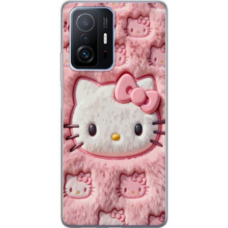 Kompatibelt Mobildeksel til Xiaomi 11T Pro Hello Kitty rosa fluffy bakgrunn med ikoniskt ansikt og kawaii-estetikk