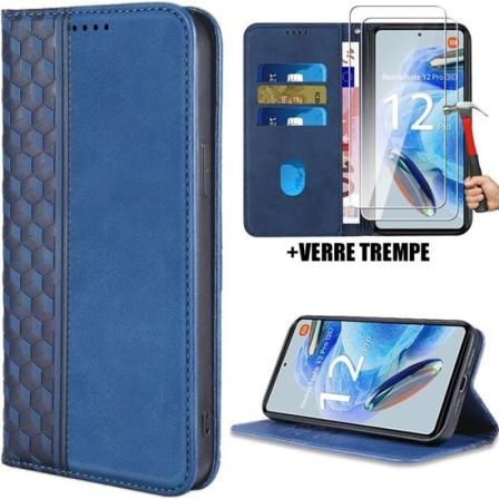 Etui til Xiaomi Redmi Note 12 Pro 5G, Anti-ridsebeskyttelse Lædereffekt Luksus Elegant Marineblå + 2 9H hærdede briller