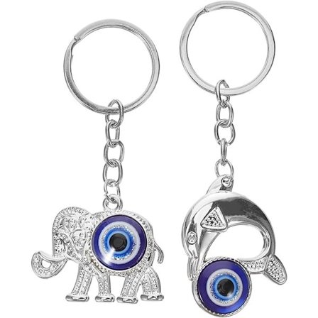 2 stk. Nøglering med ondt øje, tyrkisk blå nøglering med ondt øje, elefantamulet, vedhæng, charme, velsignelsesgaver til rygsæk, pung
