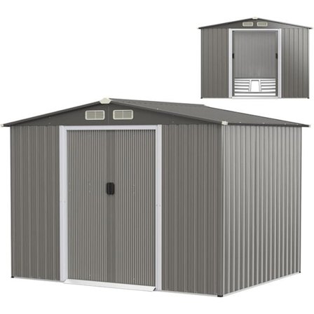 Udendørs Havehus i Galvaniseret Stål 4,74m² 246 x 193 cm COSTWAY - Fundament, 4 Persienner, Dobbelt Dør og Rampe - Mørkegrå