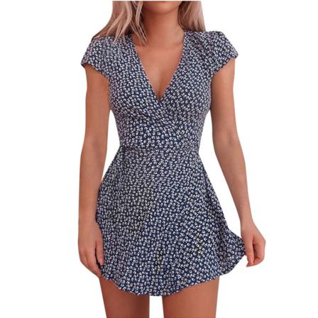 Sommar Sexig Kort Klänning Kvinnor V-neck Slim Print Mini Sun