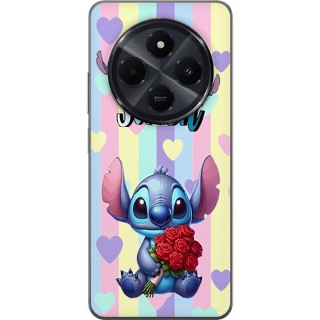 Kompatibel Mobilcover til Xiaomi Redmi A4 Romantisk illustration af Stitch der holder røde roser mod stribet baggrund