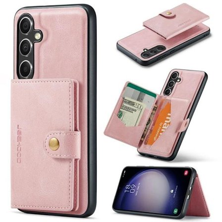 (For Samsung S21FE) Stand Wallet Case 4 Card Slots 360 Protection Shockproof Slim Design Pink
