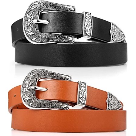 2 stk. Vintage Cowgirl-belte for kvinner, vestlig design, skinnbelter med spenner, svart, brun, 43 tommer