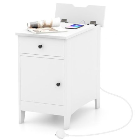 COSTWAY sidebord med ladestation - USB-porte og -stik, smalt sengebord med skuffe til stue, soveværelse, hvid