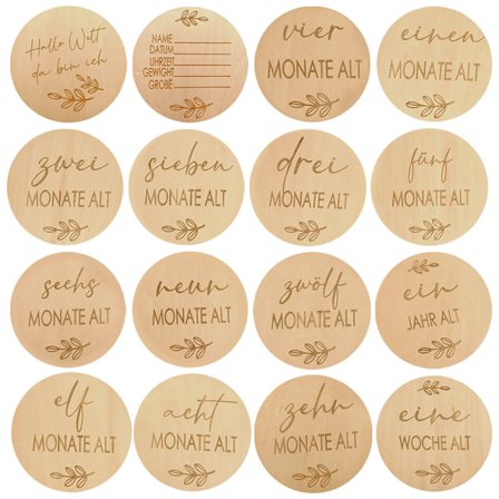 Baby för baby nyfödd till 2 år Milstolpe Fotorekvisita i trä träkort 16 runda träskivor