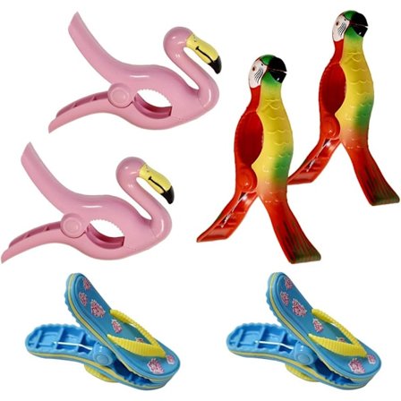 6-delt sett med solstolhåndkleklyper, klesklyper, egnet for solsenger (papegøye og flamingo og slippers)