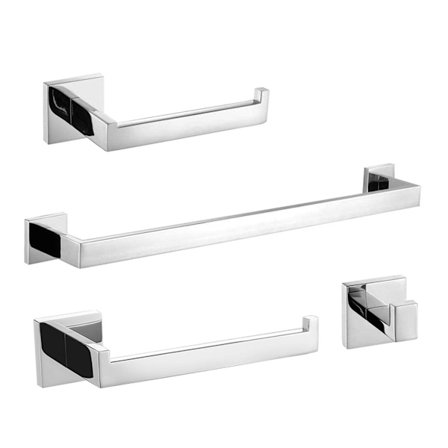 Sett med 4 baderomstilbehør Blankt rustfritt stål Toalettpapirholder Baderoms kleskrok Veggmontering Polert finish Polert finish