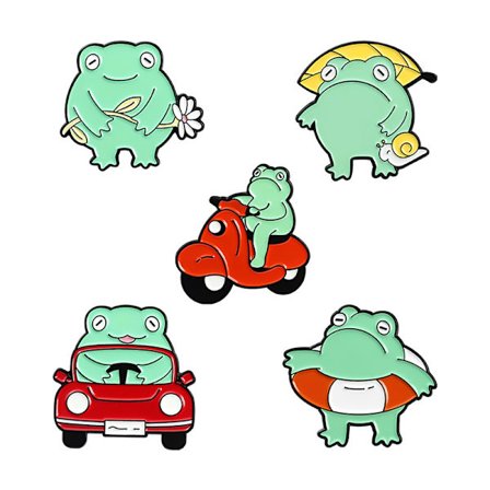 Grønn frosj emalje brosjesett (5 stk), tegneserie dyr brosje morsom frosk bil svømmebasseng plante brosje ryggsekkmerke barnas hatt bag mann kvinne
