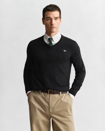 GANT Herren Klassischer V-Neck Pullover aus Baumwolle (L) Schwarz
