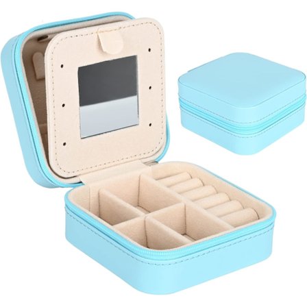 Mini bærbar smykkeskrin-arrangør, læder dobbeltlags smykkeskrin med spejl, ringe øreringe halskæde armbånd smykker gaveæske kvinder (blå)