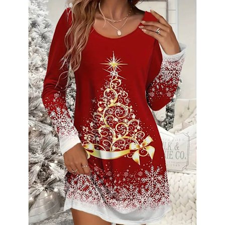Julekjole for kvinner, avslappet, med snøfnugg- og juletreprint, lange ermer, rund hals, lett elastisk
