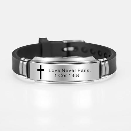 Rostfritt stål- Trendigt kors, Jesus Scripture Citat, Silikonarmband A