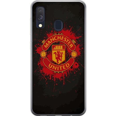 Kompatibelt Mobildeksel til Samsung Samsung Galaxy A40 Manchester United logo i rød og gul farge med røff sportslig bakgrunn
