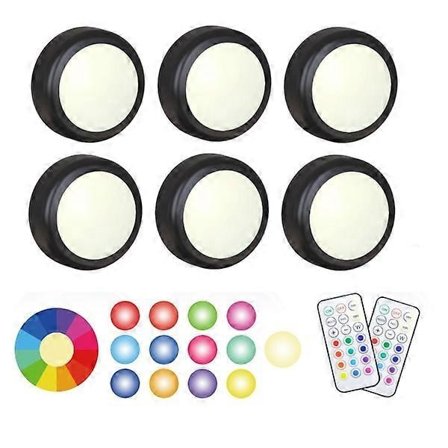 LED spotter 6 stk med 2 fjernkontroller RGB Design mange farger Svart