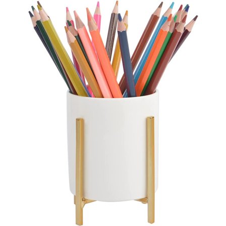Guld blyantskop med robust metalramme, hvid keramisk penneholder til skriveborde, køkkenredskabsholdere, (L)
