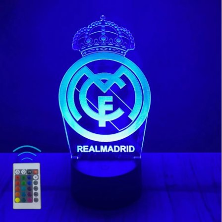 Barnelampe Gave, Real Madrid Fotball 3D Lampe, 16 Lysfarger og Fjernkontroll, Gave til Fotballspillende Barn