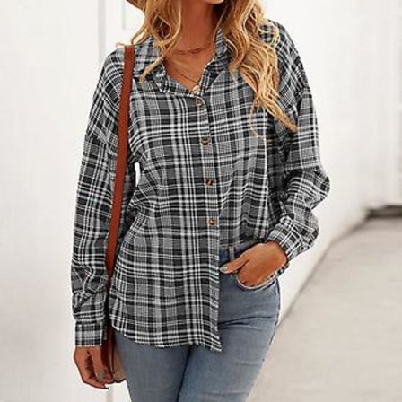 Lös skjorta för damer med långärmad krage och rutig blus (2XL Grå)