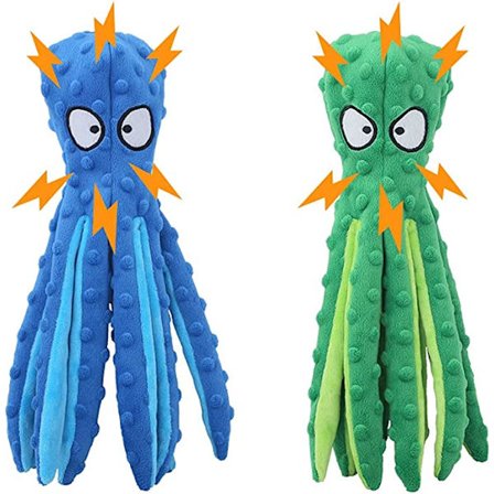 2 st 32 cm hundsqueakleksak (blå+grön), oförstörbar plyschhund