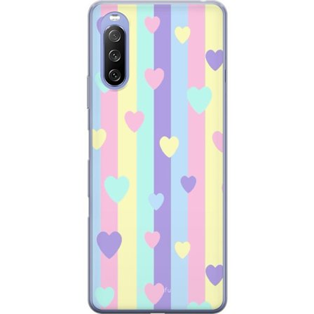 Yhteensopiva Puhelinkuori Sony Xperia 10 III Lite Pastelliraitoja pinkissä, keltaisessa, violetissa ja sinisessä, joissa on hajallaan pehmeitä kawaii-