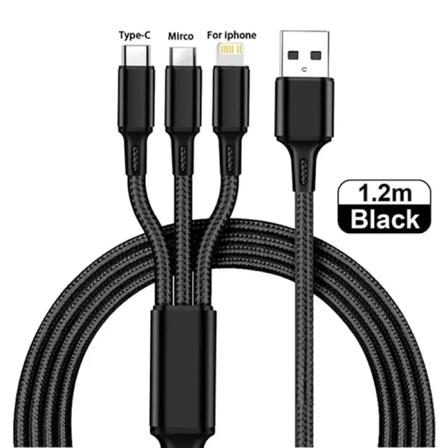 3 IN 1 USB kabel Micro USB Typ C-laddarkabel Multi USB port Snabbladdningssladd för iPhone 13 12 11 Pro Max Samsung Xiaomi Black 1.2 m