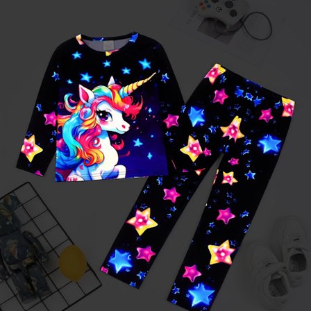 2-delt sett, jente, enhjørning, digitaltrykk, base, undertøy, lang kles- og bukse-sett, varmt, klimaanlegg-sett, hudvennlig og komfortabelt