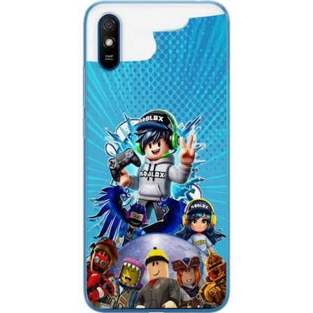 Xiaomi Redmi 9A Genomskinligt Skal Roblox gamerskaraktär med headset och handkontroll färgstark spelillustration med energi