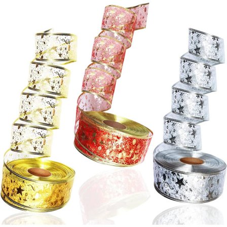 3 ruller julebånd, (2m*3 ruller) stjerne juledekoration bånd, organza julebånd dekoration julebånd, håndværk stof bånd f