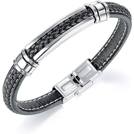 Herre Sort Læderarmbånd til Teenagere Drenge Sølv Rustfrit Stål