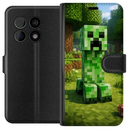 Kompatibelt Plånboksfodral till OnePlus OnePlus 10 Pro Block-baserad Creeper-figur i en grön pixell värld, ikonisk spelillustration för barnrum, g
