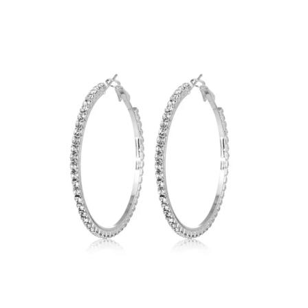 Glittrande Silver Örhängen -Hoop med Vit Strass/Rhinestones 4 cm Silver