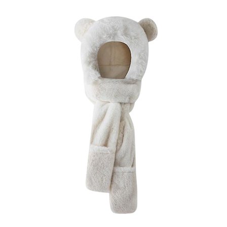 3-i-1 Vinterhue, Vanter og Langt Halstørklæde med Varmt Plysset Bjørnedesign til Koldt Vejr, Skiløb og Cykling