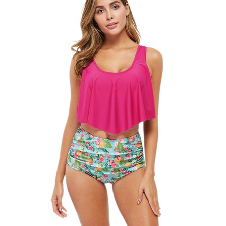 Badedragter til kvinder, todelt badedragt med dobbelt flæse, høje trusser, badedragt, bikini, pink02, L