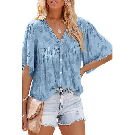 Dam V-hals Chiffon Tryckt V-hals Casual Blus Skjorta Toppar