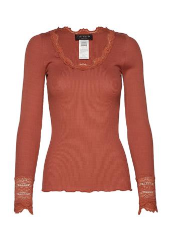 Silk T-Shirt W/ Lace T-shirts & Tops Long-sleeved Brun Rosemunde
