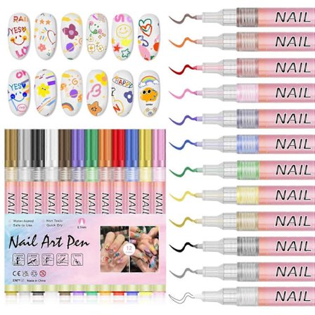 12 farver neglekunstpenne til neglekunstdesign akrylmaling neglekunstmarkører tegning maleri neglekunst graffiti pen hurtigtørrende vand